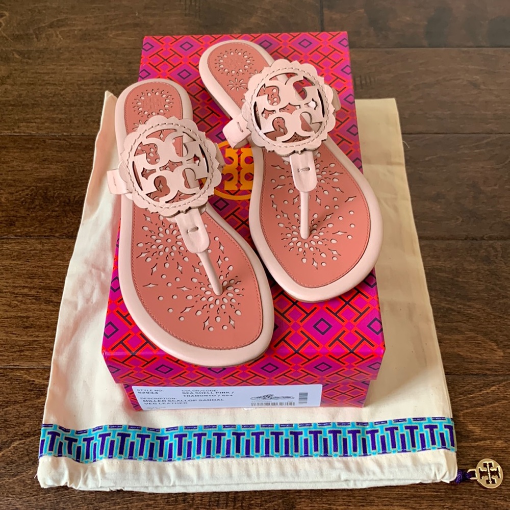 NIB TORY BURCH Authentic Rare Miller Pink Leather Scallop Thong Sandals Size 7.5